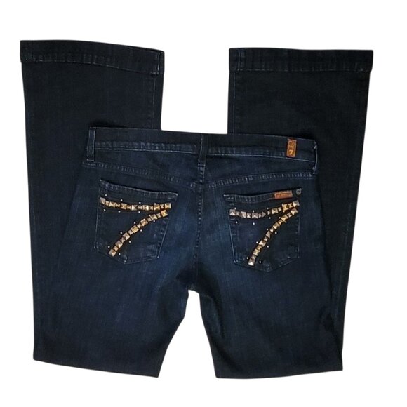 7 For All Mankind DOJO Dark Wash Flare Leg Jeans with Gold Studded Pockets Sz 30 - Picture 5 of 16